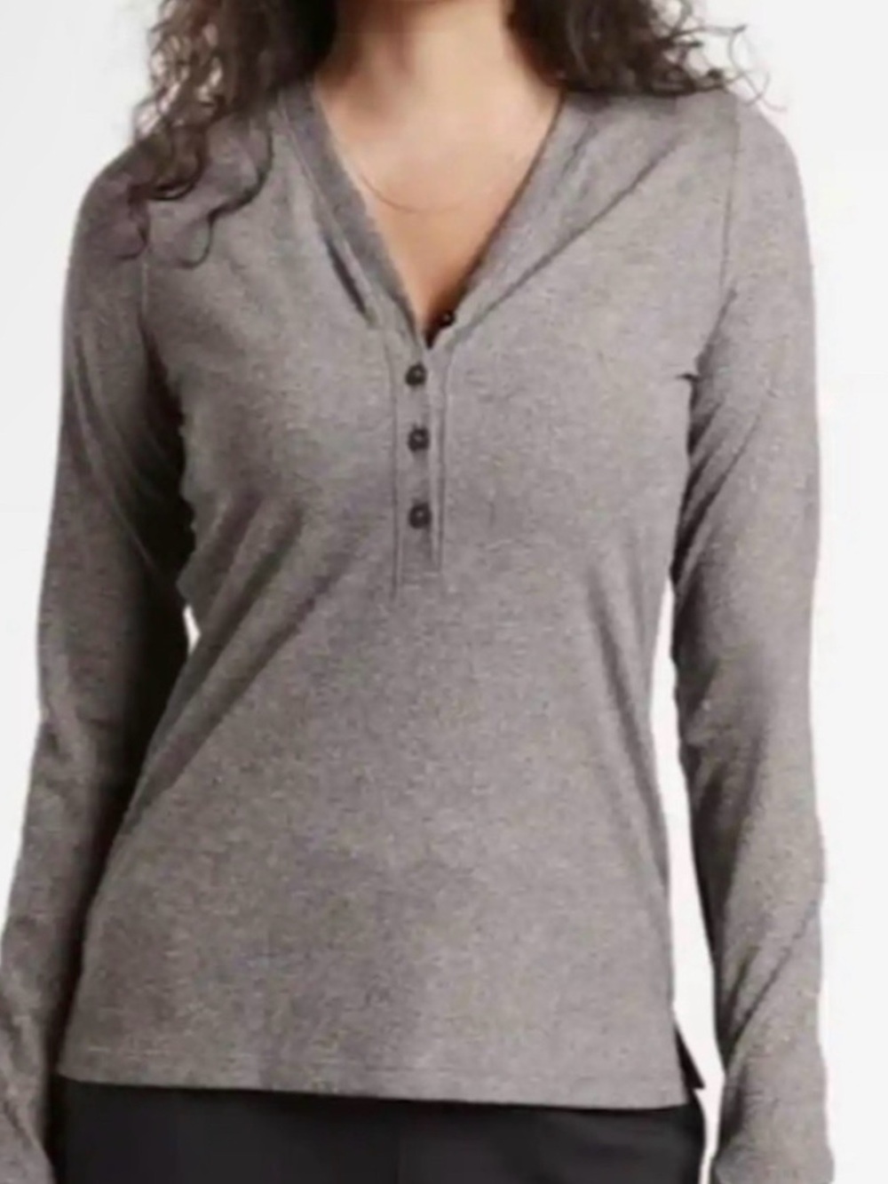 Athleta Uptempo Grey Ribbed Henley Long Sleeve Top - Large